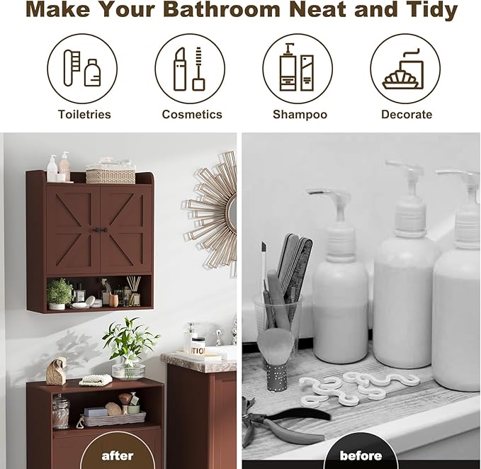 EasyCom 22" W x 26" H Bathroom Wall Cabinet, Farmhouse Medicine Cabinet with Adjustable Shelves and 2 Barn Doors, Over The Toilet Storage Cabinet for Bathroom, Kitchen, Living Room, Russet