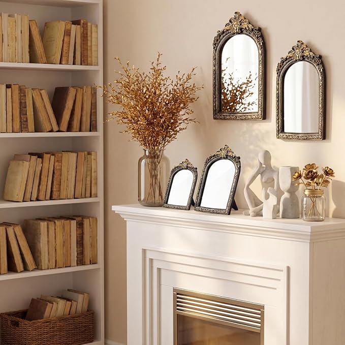 Thyle 4 Pcs Vintage Gold Antique Mirror Set Arch Retro Resin Baroque Decorative Makeup Mirror Square Hanging Wall Desk Tabletop Room Bedroom Bathroom Gallery (13x9 10x7 8x5 7x4) (Dark Color)