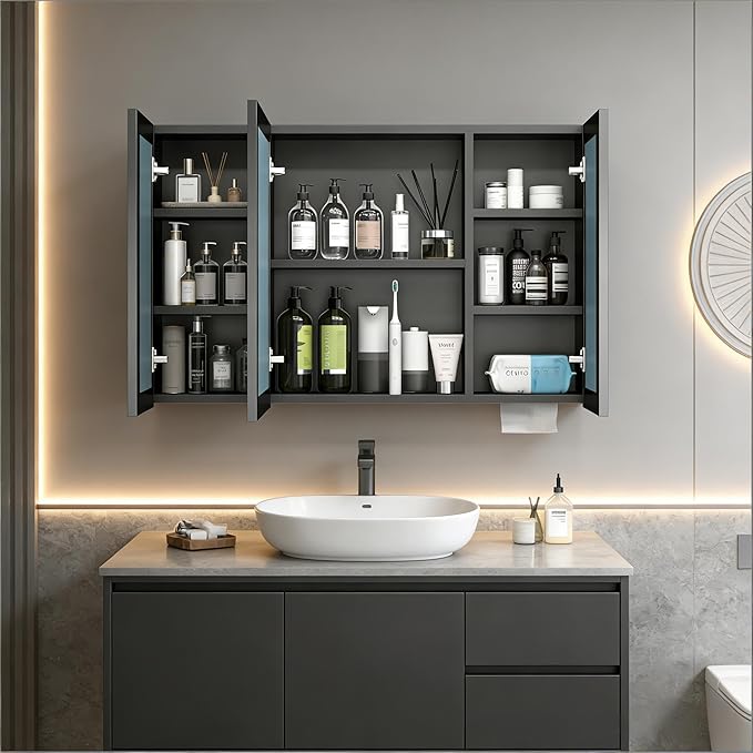 24x40 Inch Bathroom Medicine Cabinet with Mirror, Pre-Assembled Bathroom Medicine Cabinets, Surface/Recessed Wall Mounted Farmhouse Large Medicine Cabinet, Black