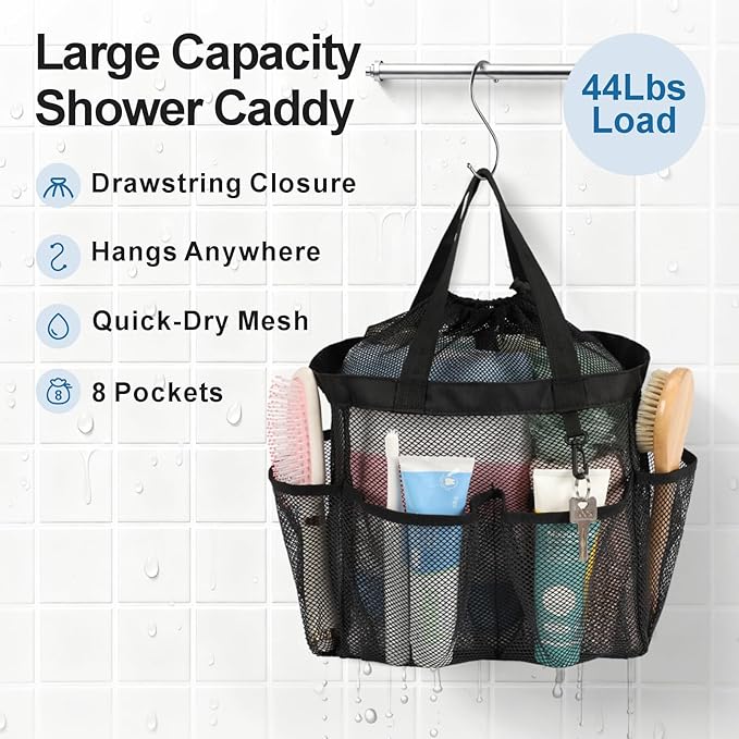 F-color Mesh Shower Caddy Portable with Drawstring - 8 Deeper Pockets 2 handles College Dorm Room Essentials for Girls Guys, Shower Caady Dorm Bag Tote for Camping Gym Travel Toiletry Bathroom, Black