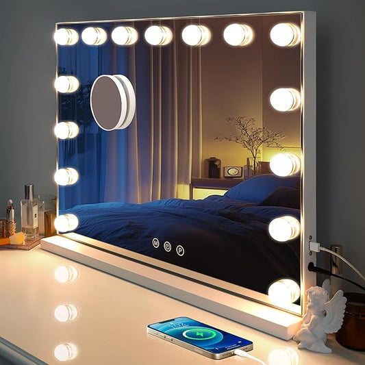 Kottova 23"x18.1" Vanity Mirror with Lights, Lighted Makeup Mirror with 15 Dimmable LED Bulbs, Hollywood Mirror with 3 Color Lightings, USB Charging Port Touch Control, Metal Frame,Plug in (White)