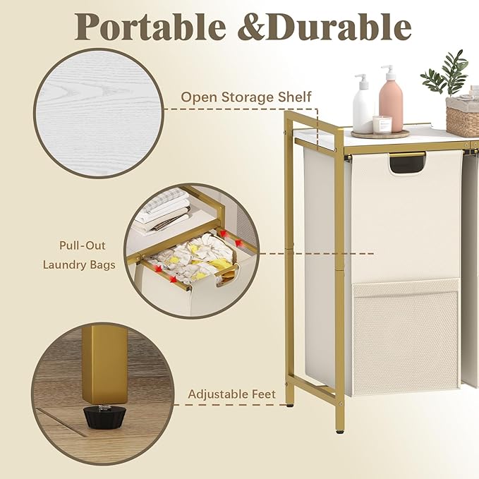 Huhote Laundry Hamper, double Laundry Basket, Laundry Sorter with Top Shelf & 2 Removable Washable Bags & Side Pockets for Laundry Room organization, Bathroom and Dorm, Gold and White