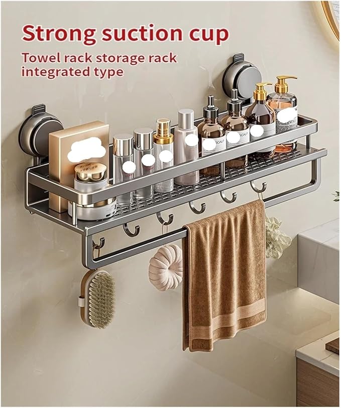 No Drill Suction Cup Suction Bathroom Rack Bathroom Shelf Toilet Space Aluminum Hanging Rack Bathroom Organizer Hang On The Wall(Grey layer 50cm)
