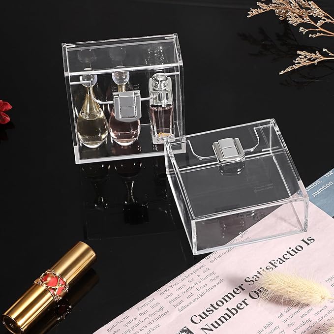 BTSKY 2 Pack Compact Lipstick Organizer with Silver Latch, Clear Acrylic Perfume Holder & Nail Polish Organizer, Small Q-Tips Holder Dispenser Vanity Cosmetic Organizers for Lipstick Travel Samples