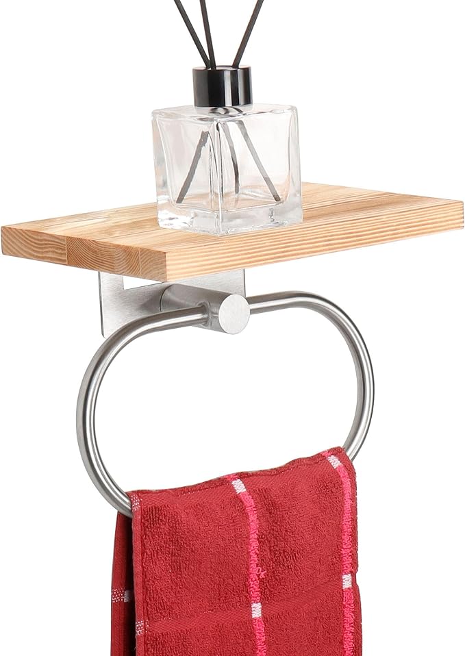 TocTen Hand Towel Holder for Bathroom Wall Mount Towel Ring with Wooden Shelf, Premium Metal Hand Towel Rack, Bathroom Accessories Rustic Hand Towel Hanger for Bathroom Kitchen RV(Brushed Nickel)