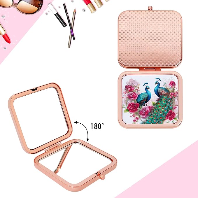 Vintage Compact Mirror Small Peacock Travel Makeup Mirror 2X 1X Magnification Double Sided Folding Square Mirror for Women Girl Metal Cosmetic Pocket Mirror for Purse Handbag