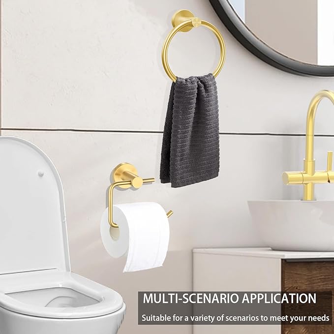 Towel Ring and Toilet Paper Holder Set, Stainless Steel Bath Towel Hanger and Tissue Roll Holders, Bathroom Hardware Accessories Wall Mounted 2 Pieces (Gold)