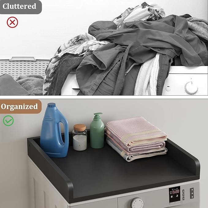 Washer Dryer Countertop, 27.5" D x 27.5" W x 3.2" H, Countertop for Washer and Dryer with Non-Slip Pads and Round Corner Edge Rails, Laundry Room Organization(Black)