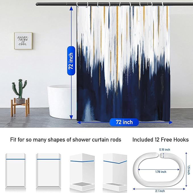 NBVKO 4PCS Navy Blue Oil Painting Style Shower Curtain Set with Non-Slip Rugs,Toilet Lid Cover and Bath Mat,Bathroom Decor Accessory Set