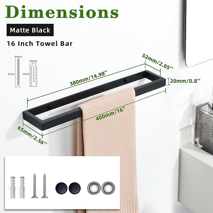 Alise 16 Inch Towel Bar,Towel Holder for Bathroom,Towel Racks for Lavatory,SUS304 Stainless Steel Hand Towel Hanger,Wall Mount Towel Rail,Matte Black