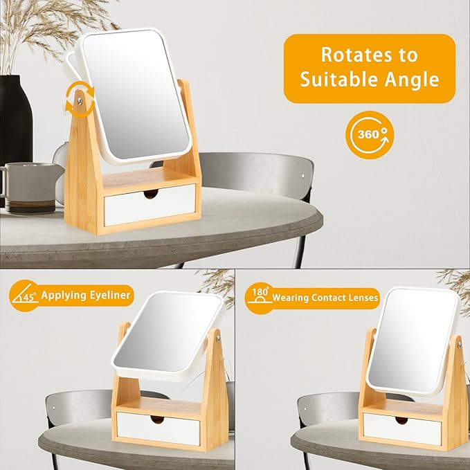 YEAKE Vanity Double Sided Magnifying Makeup Mirror with Storage, Adjustable Natural Bamboo Stand, Portable Desk/Table Mirror, Rectangular