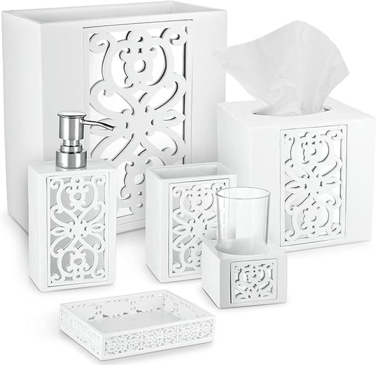 Creative Scents Mirror Janette White Bathroom Accessories Set Complete - 6 Piece Bathroom Set Includes: Soap Dispenser, Toothbrush Holder, Tumbler Cup, Soap Dish, Tissue Cover, and Wastebasket