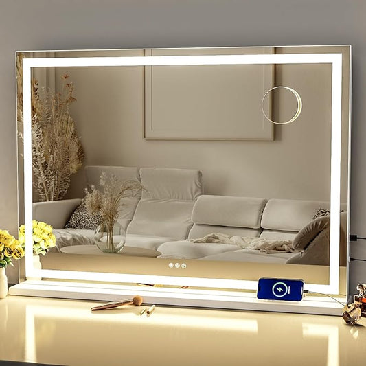 Gvnkvn Makeup Vanity Mirror with Lights 32" x 24" Large LED Makeup Mirror, Light up Mirror with 10X Magnification and USB Charging Port, Dimmable 3 Modes, Touch Screen Control Square Corner
