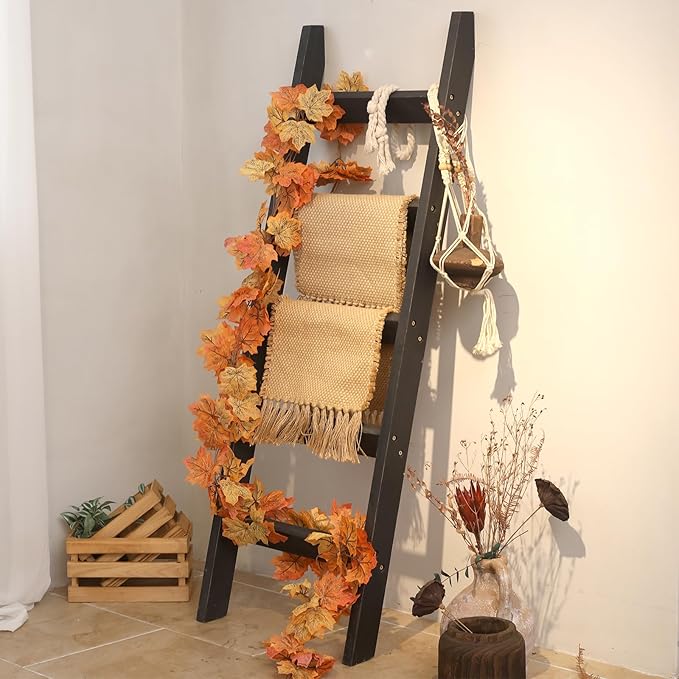 FUIN 5ft (58") Wood Blanket Ladder Living Room Decorative Wall Leaning Farmhouse Quilt Display Holder Storage Rustic Wooden Towel Rack for Bathroom, Black