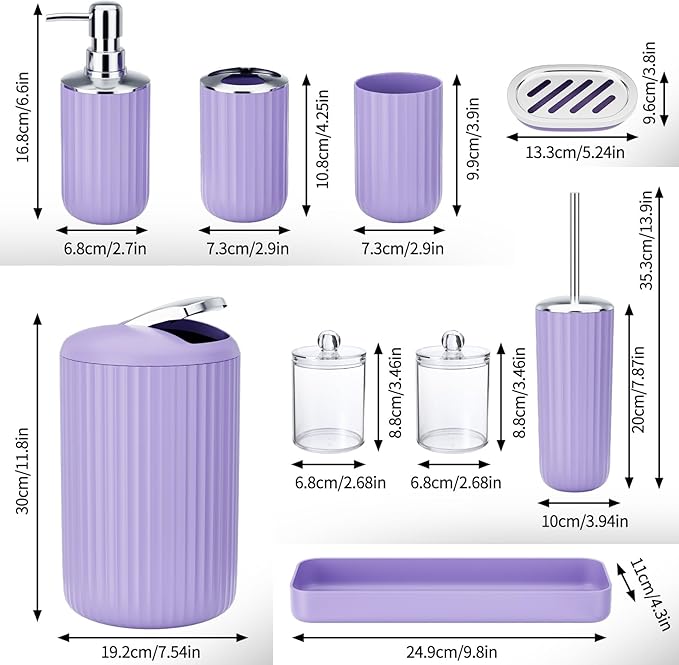 XLHOMO 9PCS Purple Bathroom Accessories Set Complete with Trash Can, Vanity Tray, Soap Dispenser, Soap Dish, Toothbrush Holder, Toothbrush Cup, Toilet Brush and Qtip Holders