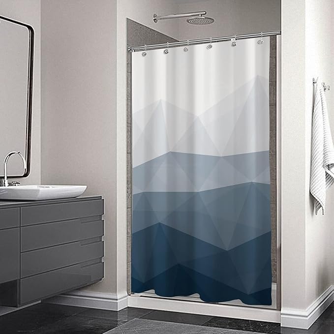 Sunlit Design 36 x 72 Inches Ombre Blue Small Stall Shower Curtain RV Half Size Narrow Bathroom Curtains Contemporary Geometric Fabric Bathroom Decor