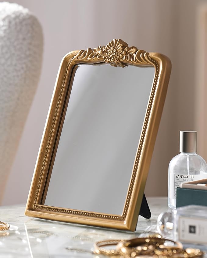 Gold Vintage Vanity Square Mirror, Antique Mirrors for Wall Decorative, Unique Cute Small Mirror, Table Top Makeup Framed Mirrors, Bathroom, Bedroom, Living Room,Fireplace,10.2" L x 7.3" W Gold