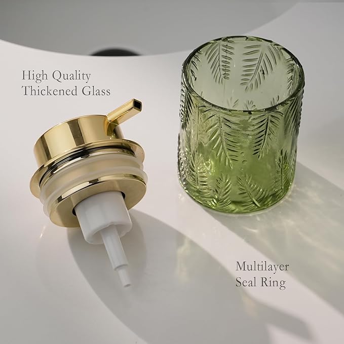 CICUFY Glass Foaming Dispenser - Refillable Lotion or Soap Dispenser for Kitchen & Bathroom, Large Gold Pump (Leaf Pattern - Green)