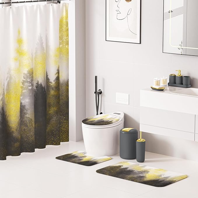 Gray and Gold Bathroom Accessories, Bathroom Sets with Shower Curtain and Rugs, Bath Rugs Accessory Set with Bathroom Trash Can, Soap Dispenser, Soap Dish for Home Decor