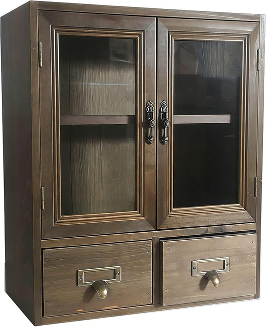 Rosetta Mini Countertop Country Vintage Locker, Wall-Mounted Wood Display with Organic Glass Door, Food Storage, 2 Bottom Drawers-Pharmacist Cabinet-Display Cabinet (Burnt Wood Color)