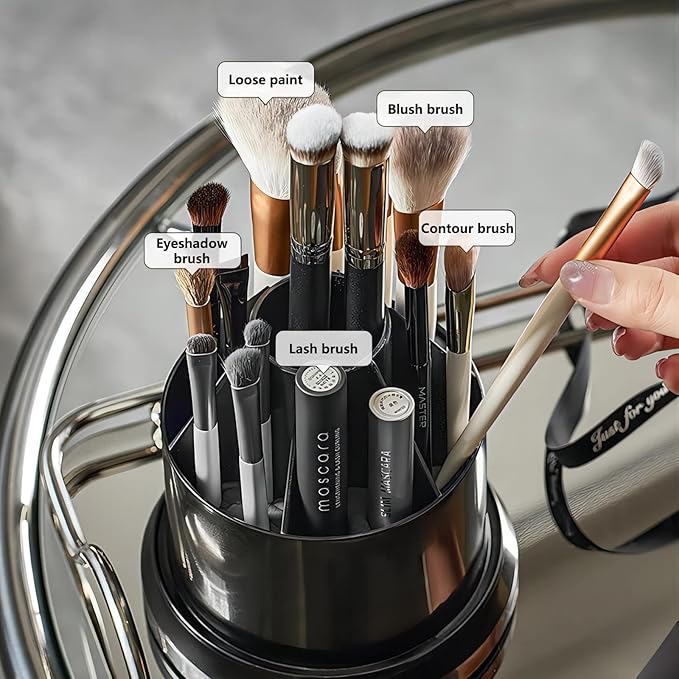 DASITON 360° Rotating Makeup Brush Holder,Covered Dustproof Makeup Brushes Organizer,7 Slot Makeup Brushes Cup,for Vanity Decor,Bathroom Countertops,Cosmetic Display cases（Black）