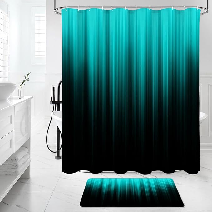 Litabel 4 Pcs Teal and Black Gradient Shower Curtain Set with Rugs and Toilet Lid Cover, Modern Simple Waterproof Fabric Bathroom Set, Ombre Stripe Gothic Abstract Bathroom Decor Set Accessories