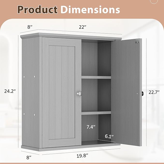 Walsunny Bathroom Medicine Cabinet Wall Mount with 2 Doors and 2 Shelves, Small Bathroom Cabinet Wooden Storage Cabinet Over Toilet Restroom Laundry Room Kitchen, Grey
