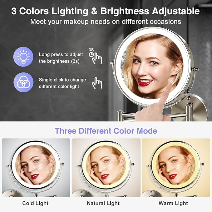 GREENFROM Magnifying Mirror with Lights 1X/20X: 8.5" Double Sided 3000mAh Rechargeable Wall Mounted Lighted Makeup Mirror for Bathroom, Brushed Nickel