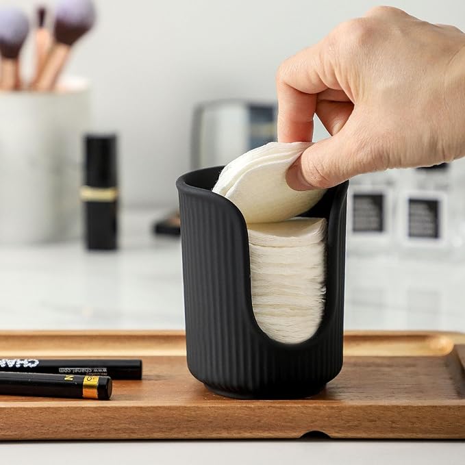 Dobbyby Ceramic Bathroom Cup Dispenser with Stylish Vertical Stripes - Disposable Mouthwash Cup Holder Holds 3-4oz Paper Cups for Rinsing Cups on Bathroom Vanity Countertops (Matte Black)