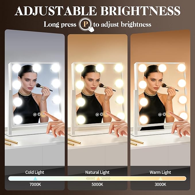 Magnifying Makeup Mirror Hollywood Vanity Mirror with Lights, 3 colors light, Smart Touch Control, brightness adjustable, 360°Rotation with Detachable 40X Small Magnification Mirror (14“L x 12“W)