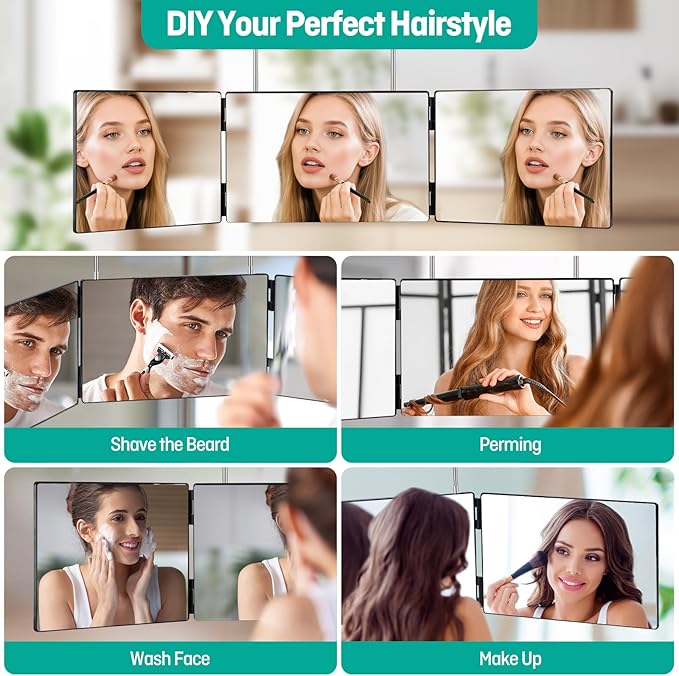 3 Way Mirror for Self Hair Cutting，Tri-Fold Makeup Mirror，360°View with Height AdjustableHooks Anti-Fog HD Glass forShaving, Braiding, DyeHair, Travel Friendly Grooming Tool,Good Choice for Gifts