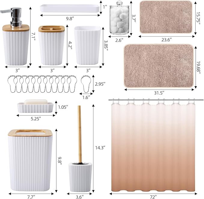 XLHOMO 24Pcs White and Gold Bathroom Set with Shower Curtain and Rug, White Bathroom Sets Complete with Trash Can,Soap Dispenser,Soap Dish,Toilet Brush,Toothbrush Holder and Cup,Tray,Q-Tip Holders