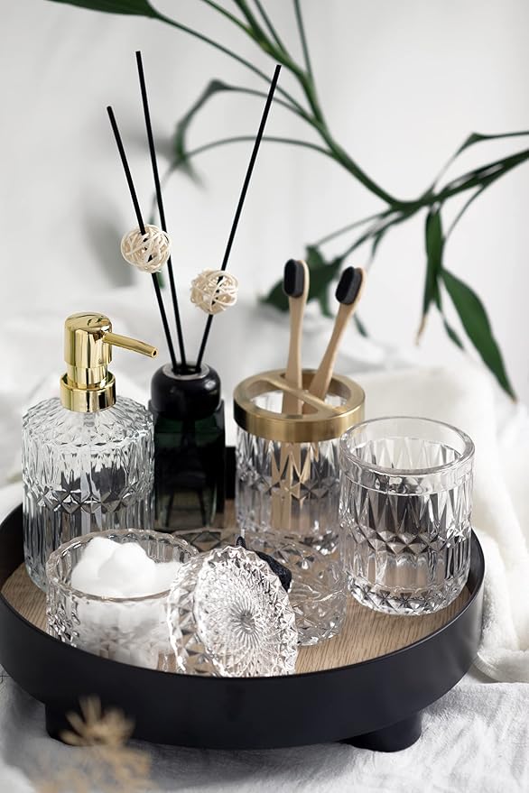EMPO 6PCS Bathroom Clear Glass Accessories Set (Lotion Soap Dispenser, Soap Dish, Toothbrush Holder, Tumbler, Cotton Swab Jar), Contemporary Modern Decor Crystal Vintage Gift (6pcs Clear)