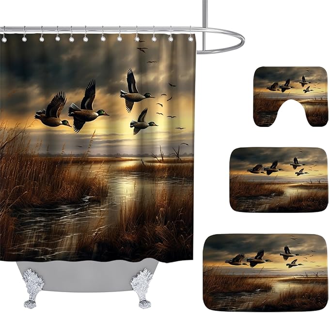 Rustic Wild Ducks Flying Hunting Ocean Bathroom Sets with Shower Curtain and 20 x 31 Rugs Bathroom Accessories Sets Decor with Bath Rug, Bath Mat, U-Shaped Contour and Hooks 72 x 72 Inch Brown Teal