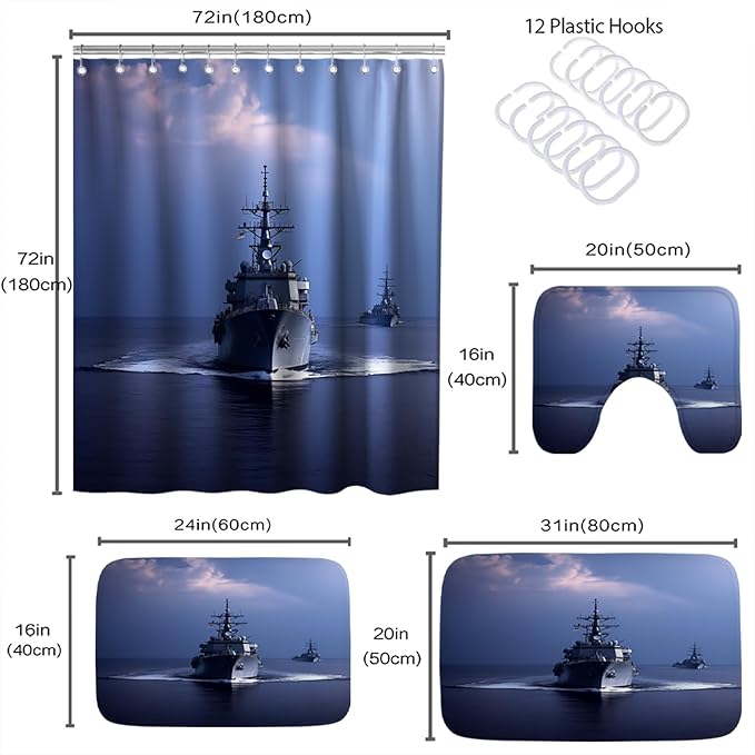 Cool Modern Boys Aircraft Carrier Bathroom Sets with Military Nautical Shower Curtain and 20 x 31 Rugs Bathroom Accessories Sets Decor with Bath Rug, Bath Mat, U-Shaped Contour and Hooks 72 x 72 Inch