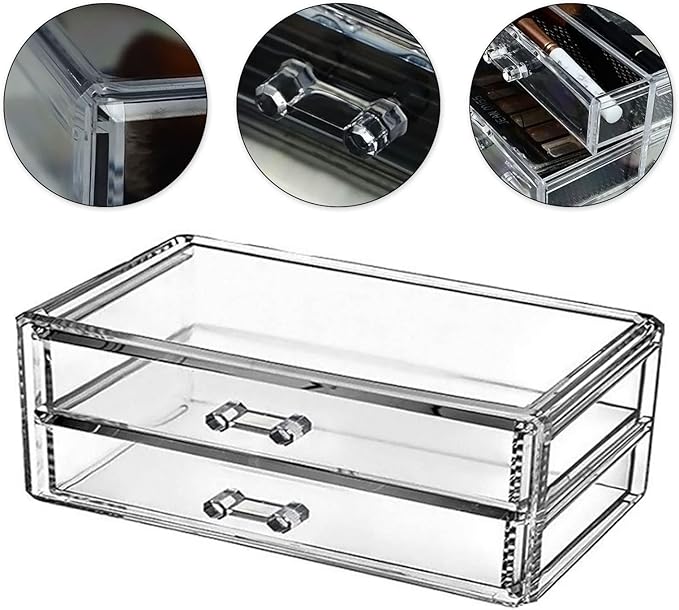 2 Drawer Transparent Acrylic Makeup Storage Box Desk Jewelry & Clear Cosmetic Organizer Vanity Storage Display Box Make Up Organizers and Storage Makeup Stand