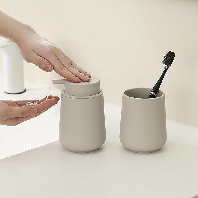 YAUKPH Matte Beige Bathroom Accessories 2 Piece Set Plastic Soap Dispenser and Toothbrush Holder for Modern Bathroom Decor