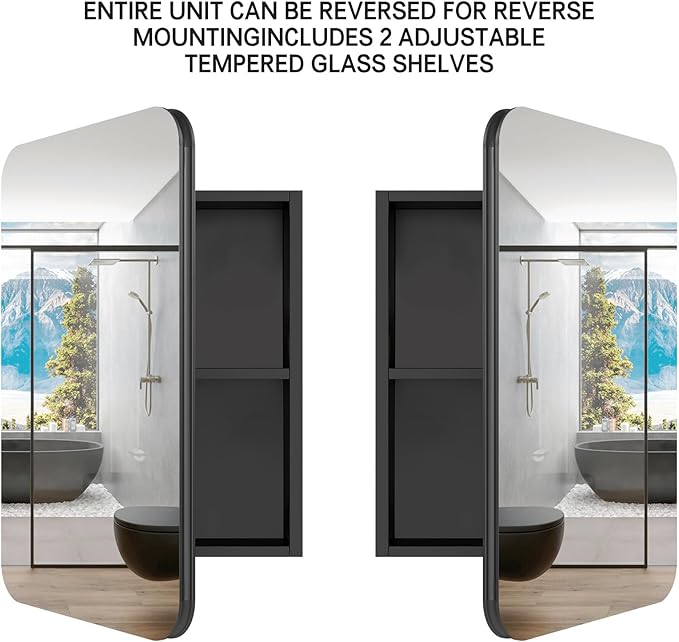24x16 Inch Bathroom Medicine Cabinet Black, Wall Mounted Bathroom Medicine Cabinets or Recessed Mirror Cabinet Rounded Rectangle Medicine Cabinets