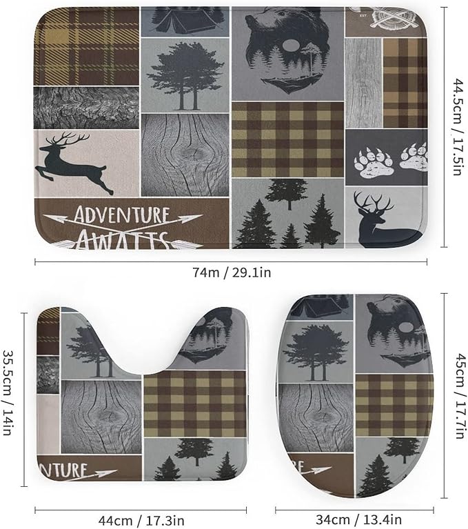 Rustic Plaid Bear Cabin Shower Curtain Sets with Rugs 4 Piece Accessories Bathroom Curtains Shower Set Include Shower Curtain Non-Slip Rug Toilet Lid Cover Bath Mat One Size
