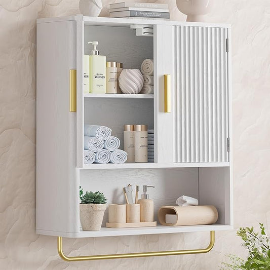 Memobarco Bathroom Cabinet Wall Mount with Fluted Door Panel & Adjustable Shelf, Medicine Cabinet with Open Partition and Towel Bar, Wall Storage Cabinet for Laundry Room & Kitchen (White)