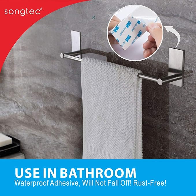 Songtec Adhesive Towel Bar 12inch Brushed, Stick On Bath Towel Rack Easy Install, NO Drilling on Walls, Premium SUS304 Stainless Steel - Brushed