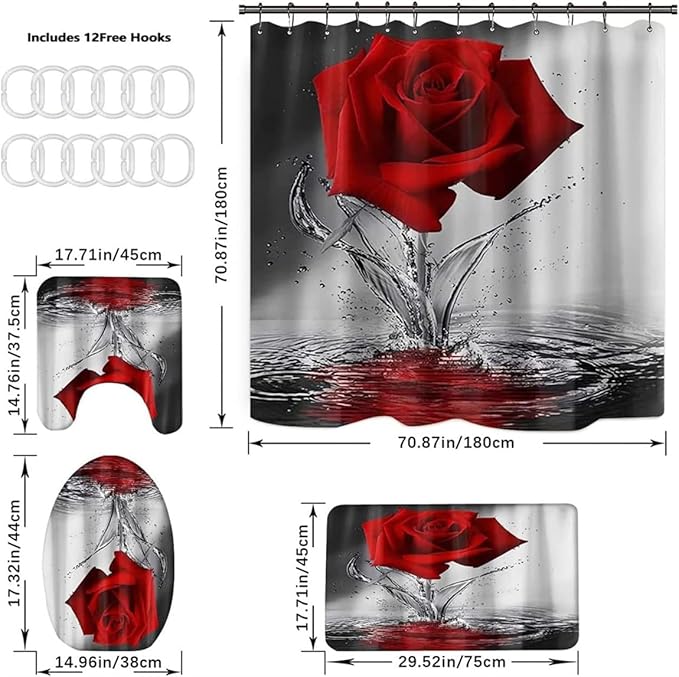 Red Rose Bathroom Sets with Shower Curtain and Rugs Water Red Rose Shower Curtain Set with Non-Slip Rugs,Bath Mat,Toilet Lid Cover and 12 Strong Hooks,Modern Style Shower Curtain for Bathroom