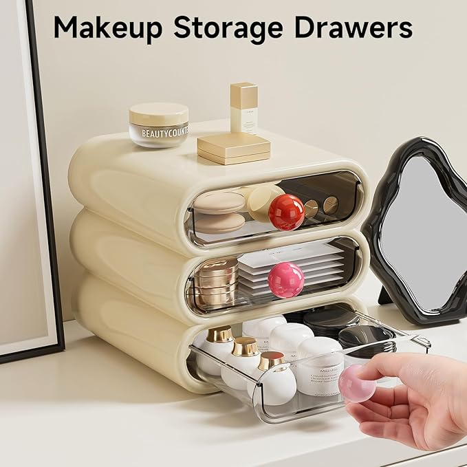 3-Drawer Desktop Organizer, Compact Vanity Drawer Organizer for Makeup, Small Plastic Drawer Containers for Bathroom, Cabinet