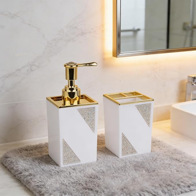 Bathroom Accessories Set, Square 2-Piece White Soap Dispenser & Toothbrush Holder with Sparkling Inlaid Diamonds, Modern Geometric Vanity Set