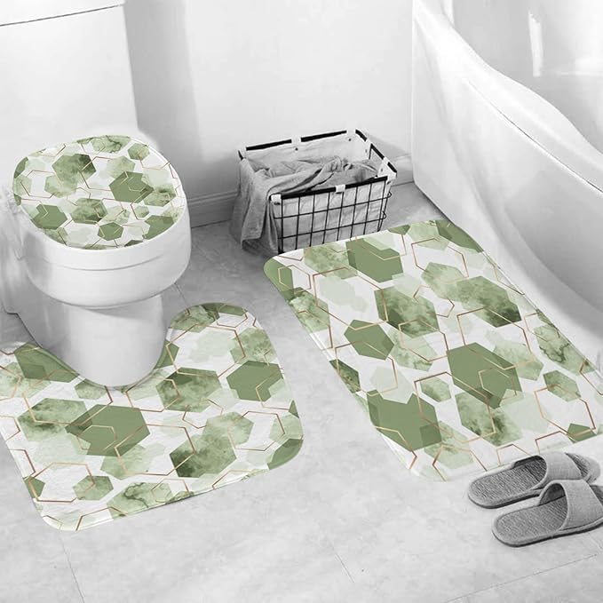 Muuyi 4Pcs Sage Green Geometric Shower Curtain Set, Neutral Modern Art Deco Shower Curtain with Hooks, Elegant Trendy Simple Bathroom Sets with Shower Curtain and Rugs, 71 * 71in