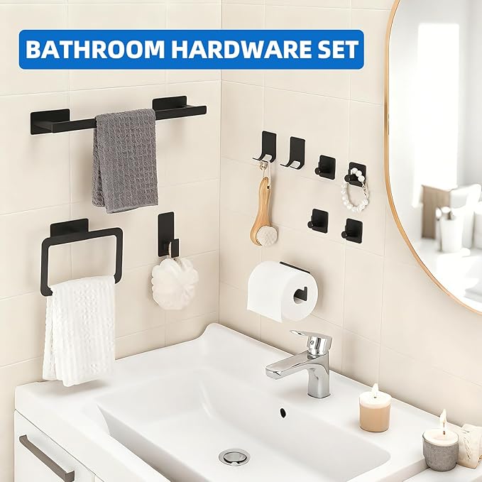 10 Pieces Bathroom Towel Bar Set, Stainless Steel Matte Black Bathroom Hardware Set Self Adhesive, Towel Racks for Bathroom, 16 inch Towel Bar, Robe Towel Hooks, Toilet Paper Holder, Towel Ring