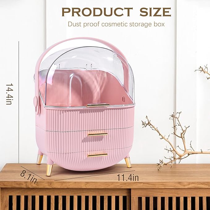 Makeup Organizer for Vanity Cosmetics Skincare Organizers with Lid and Drawers Display Cases for Countertop (Pink) | for Vanity, Organizers, with Lid, and Drawers, for Countertop