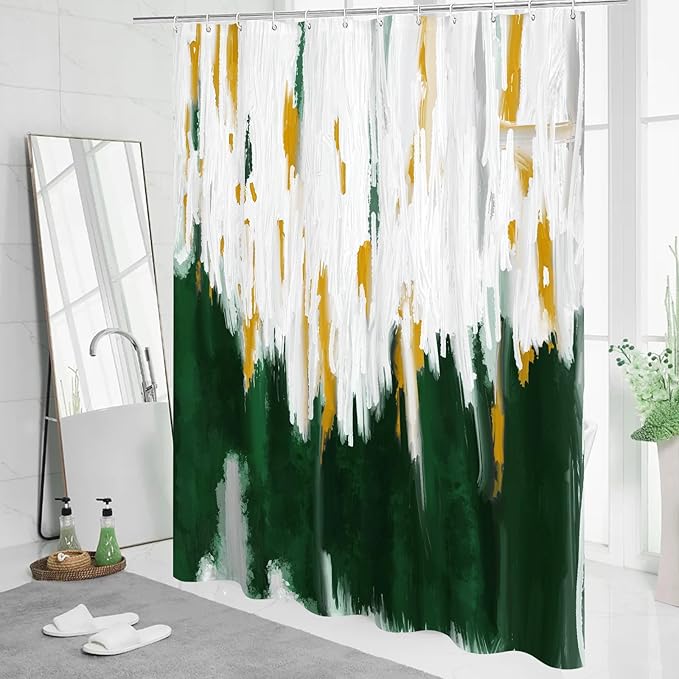 MitoVilla Dark Green & Gold Shower Curtains for Chic Modern Abstract Bathroom Decor, Emerald Green Fabric Shower Curtain, Brush Strokes Oil Painting Style, 72 x 72