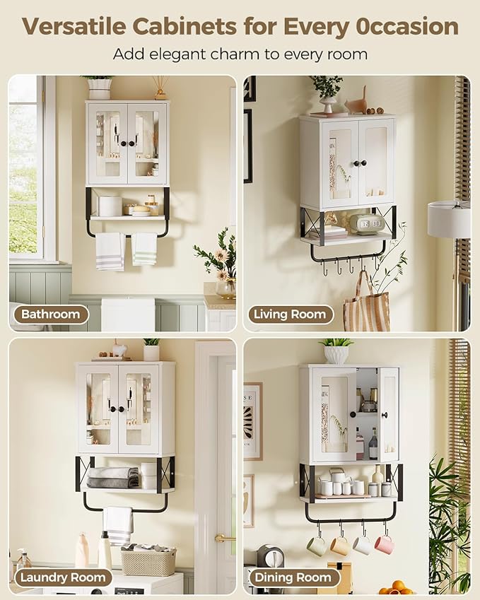 BEWISHOME Medicine Cabinet, Bathroom Wall Cabinet with Mirror, Wall Mounted Over The Toilet Storage Cabinet with Towel Bar and Adjustable Shelf, for Bathroom, 7.1" D x 15.4" W x 24.4" H, White YYG10W