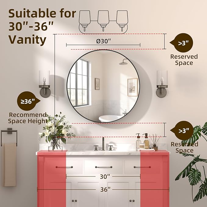 30 x 30 Inch Round Black Mirror Medicine Cabinet Surface Mounted, Circular Modern Bathroom Medicine Cabinet with Mirror, Metal Framed Medicine Cabinets with Tempered Glass Mirror